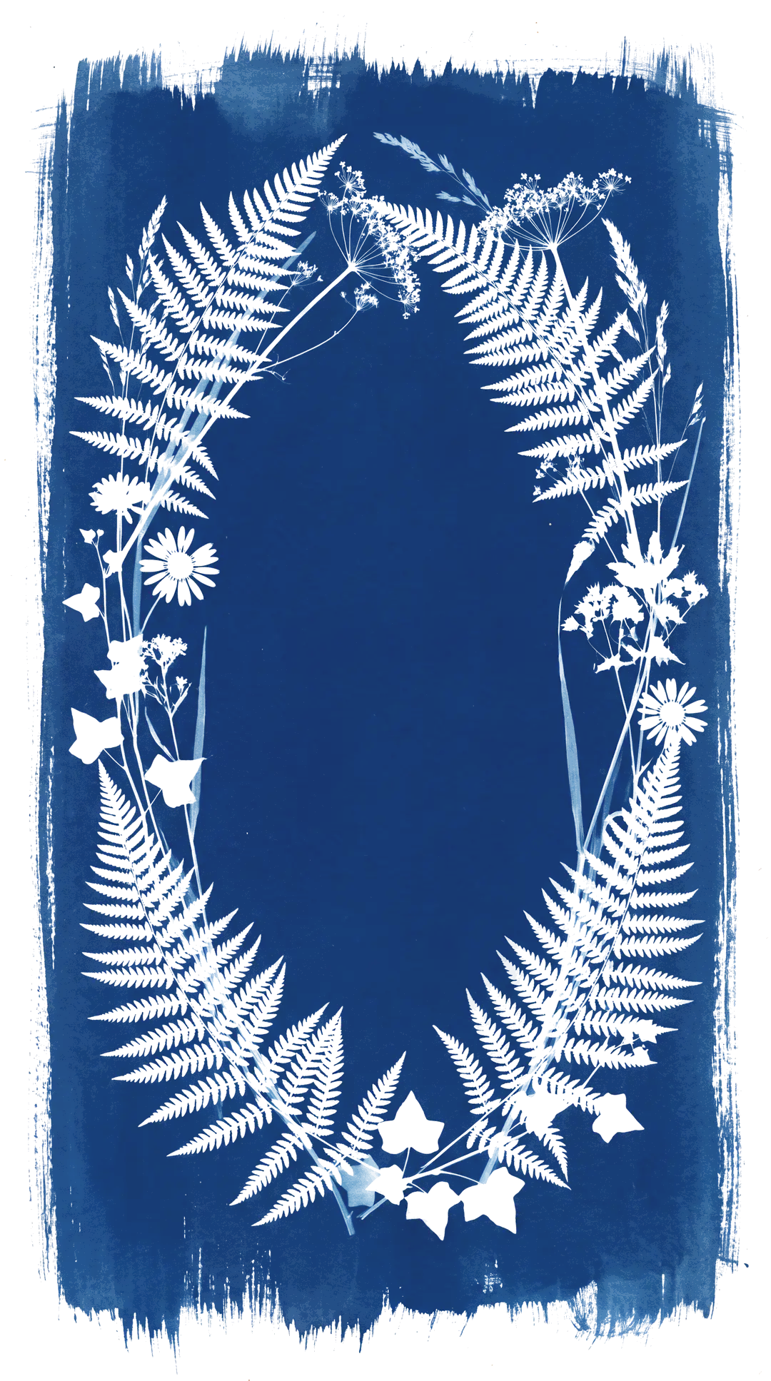 A cyanotype wreath of ferns, cow parsley, grasses and ivy