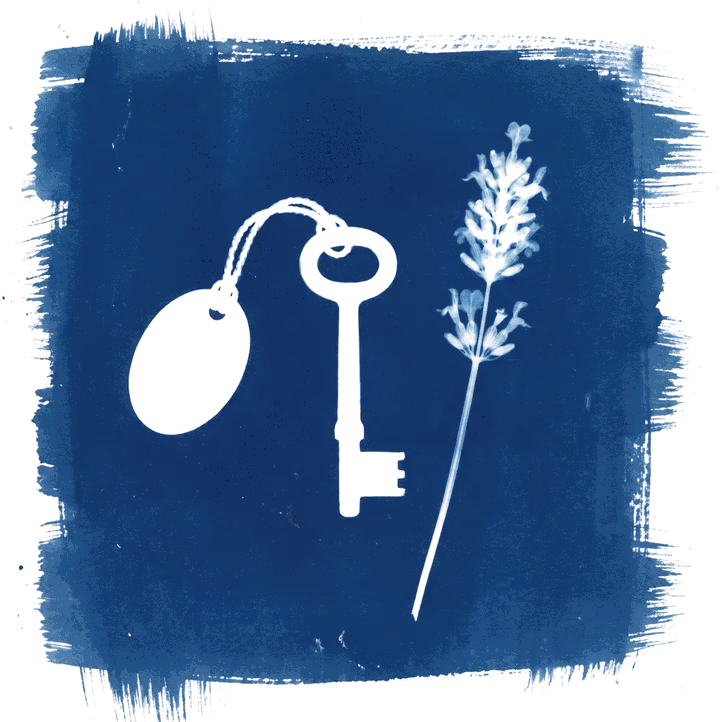A cyanotype of a room key beside a stem of lavender