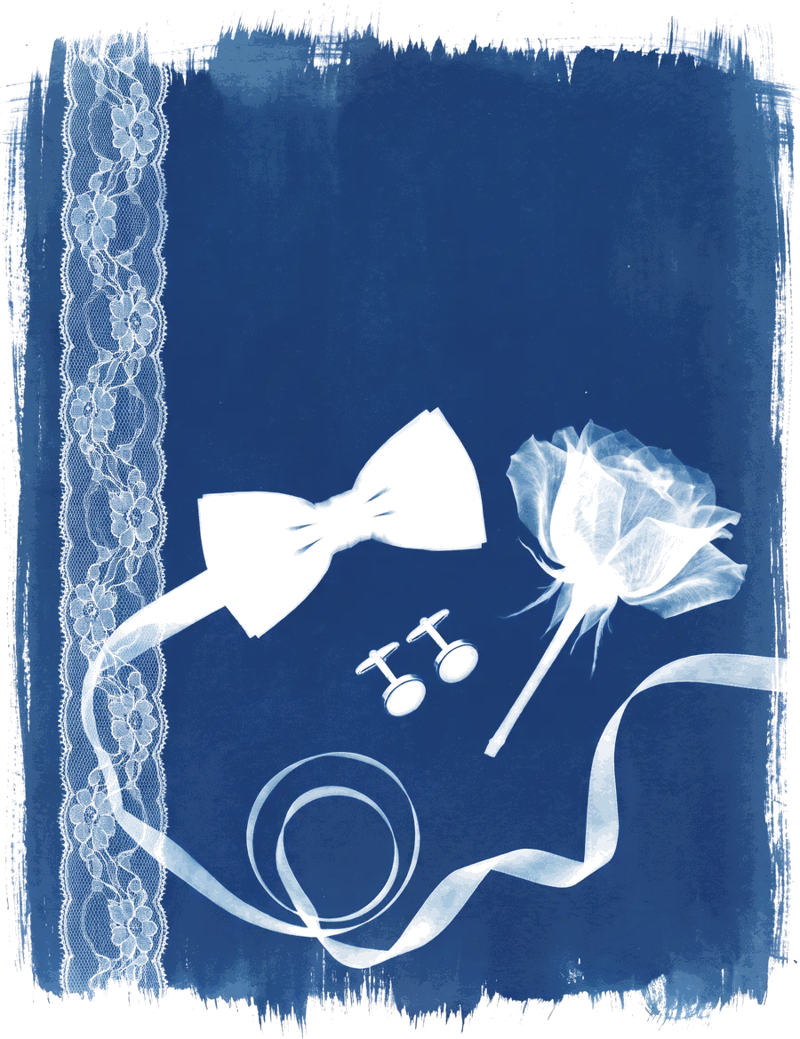 A cyanotype of lace, a bow tie, ribbon, cufflinks and a rose