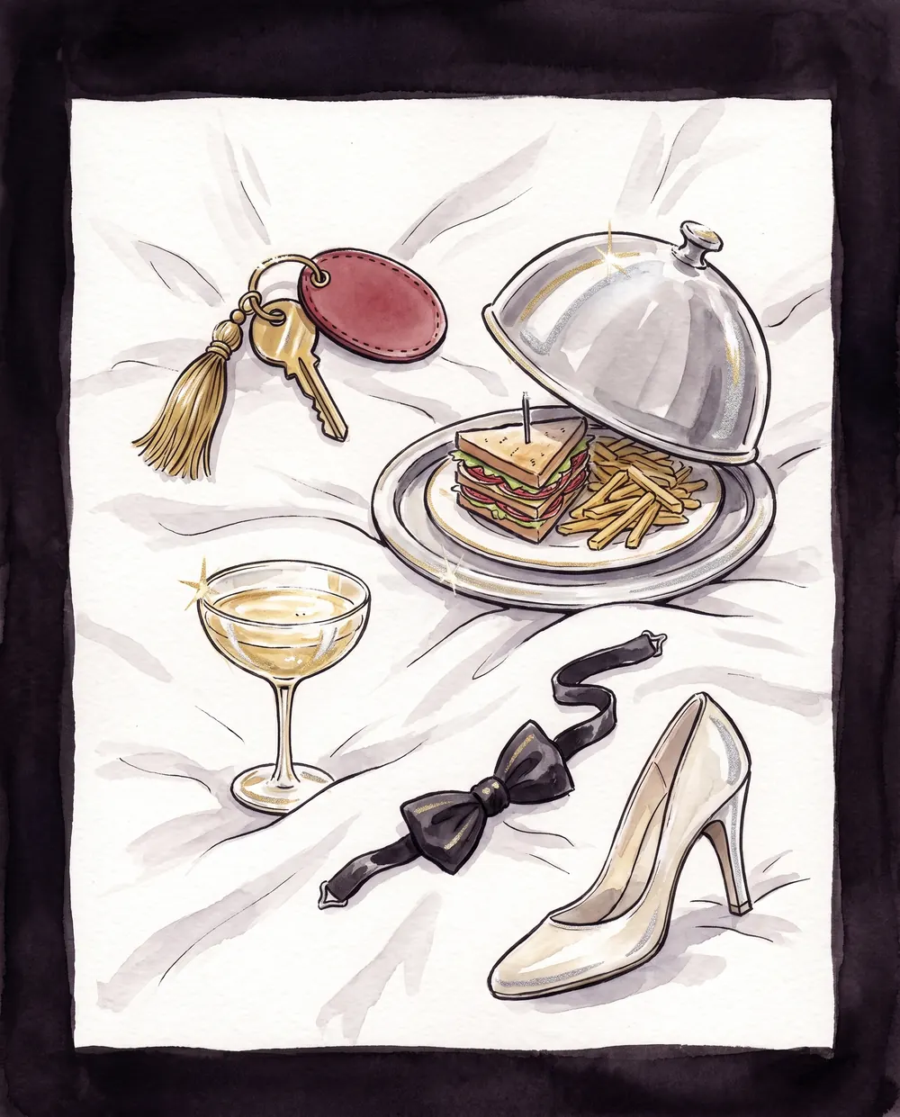 A brass room key, a room-service club sandwich, a coupe and a bow tie on a rumpled hotel bed