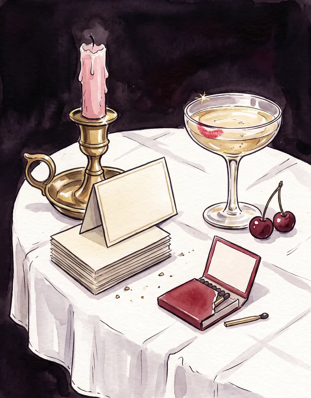 Blank place cards, a red matchbook, a coupe with a lipstick mark and two cherries on white linen