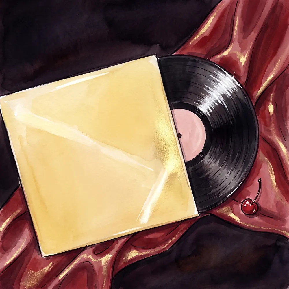 A black record half out of a butter-yellow sleeve on red satin, a cherry beside it