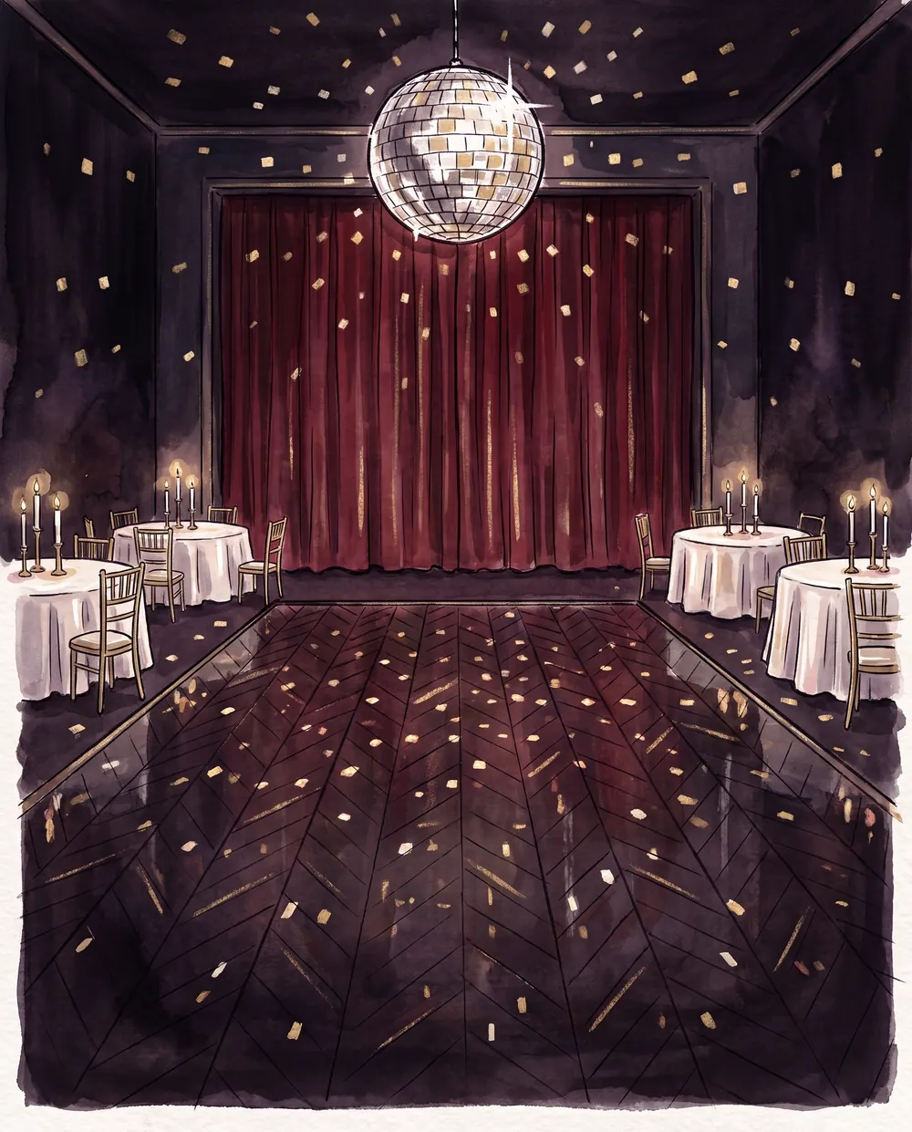 An empty ballroom with a mirrorball over a polished parquet floor and a red velvet curtain