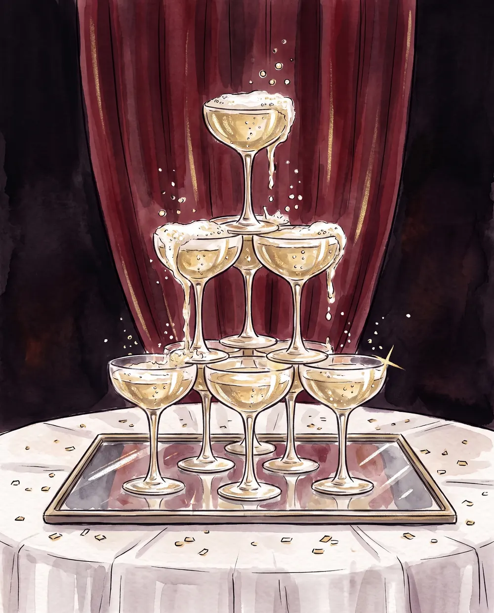 A four-tier tower of coupe glasses with champagne overflowing down it