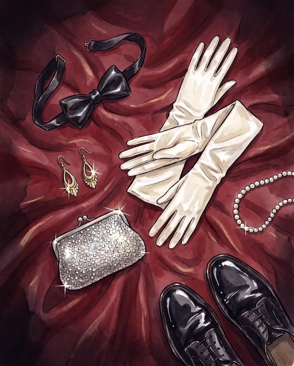A bow tie, opera gloves, a sequinned clutch, pearls and patent shoes thrown on red satin