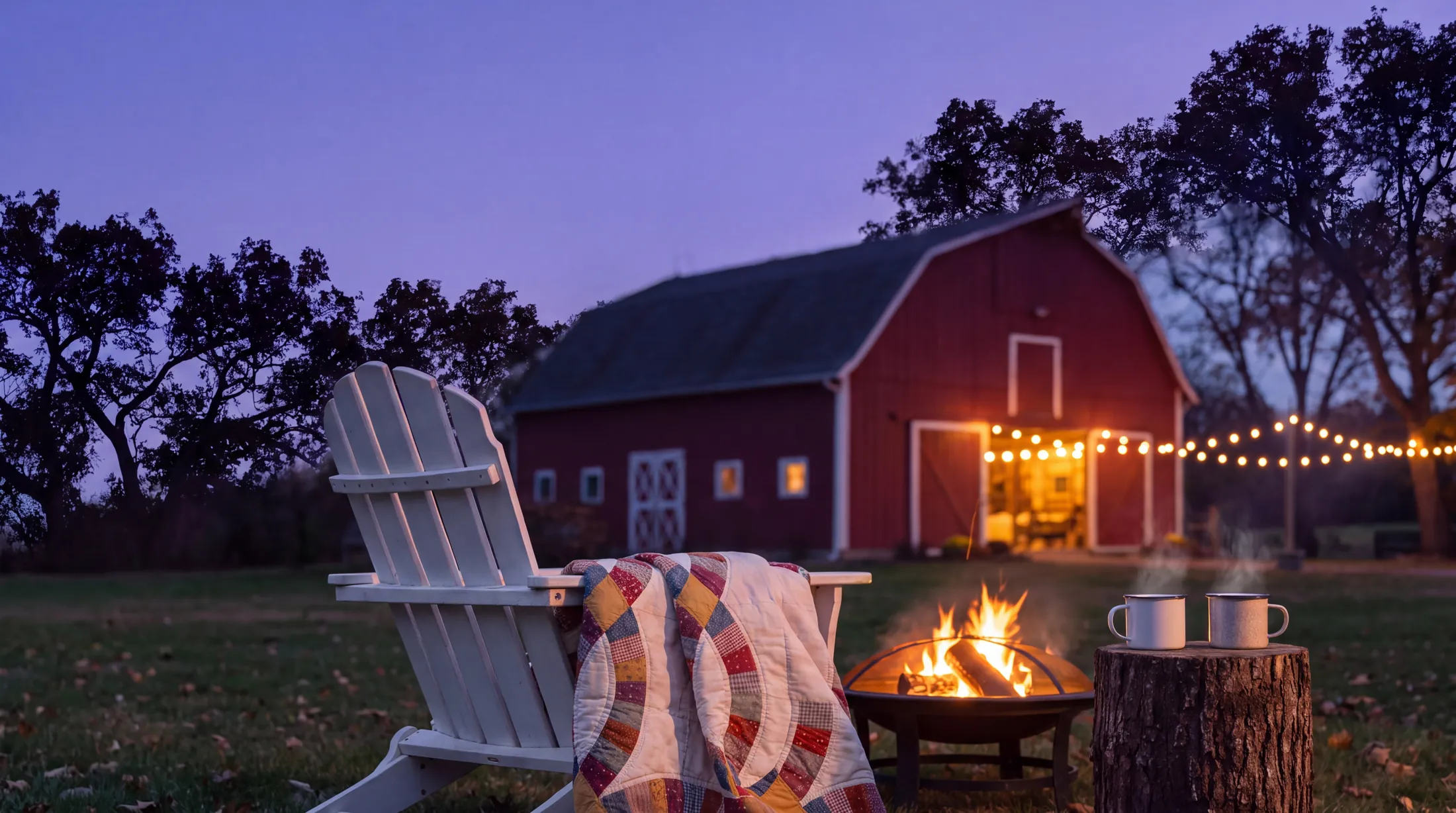 A quilt over an Adirondack chair by a fire pit at dusk, a glowing barn behind