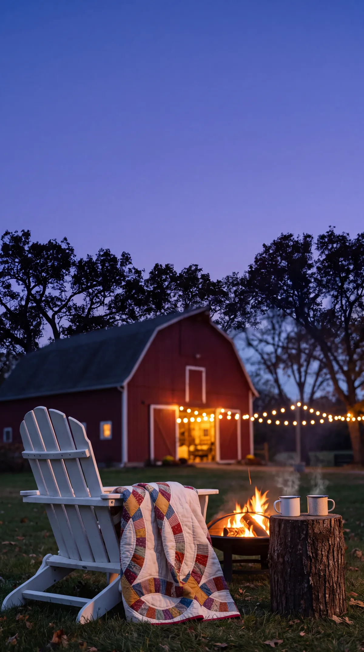 A quilt over an Adirondack chair by a fire pit at dusk, a glowing barn behind