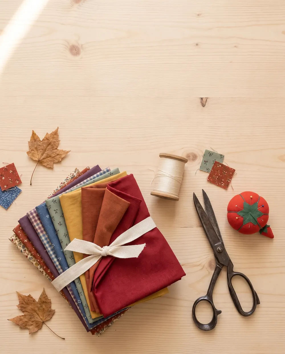 A stack of autumn calicos tied with tape, scissors and a pincushion