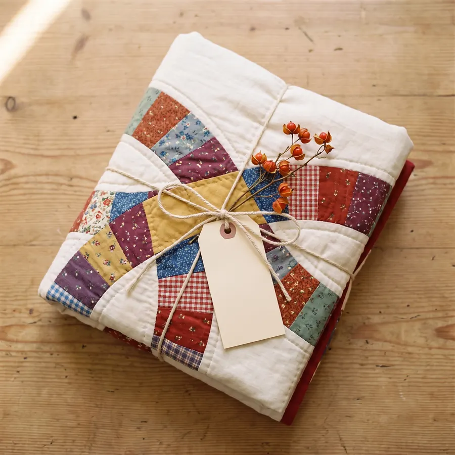 A small folded quilt tied with twine and a blank tag