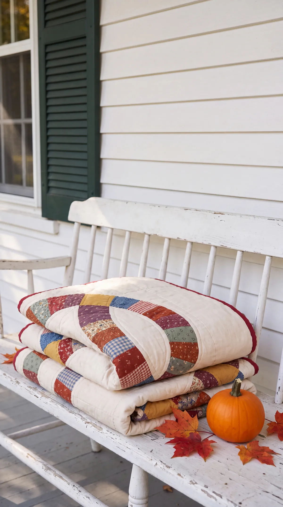 Two folded quilts on a porch bench