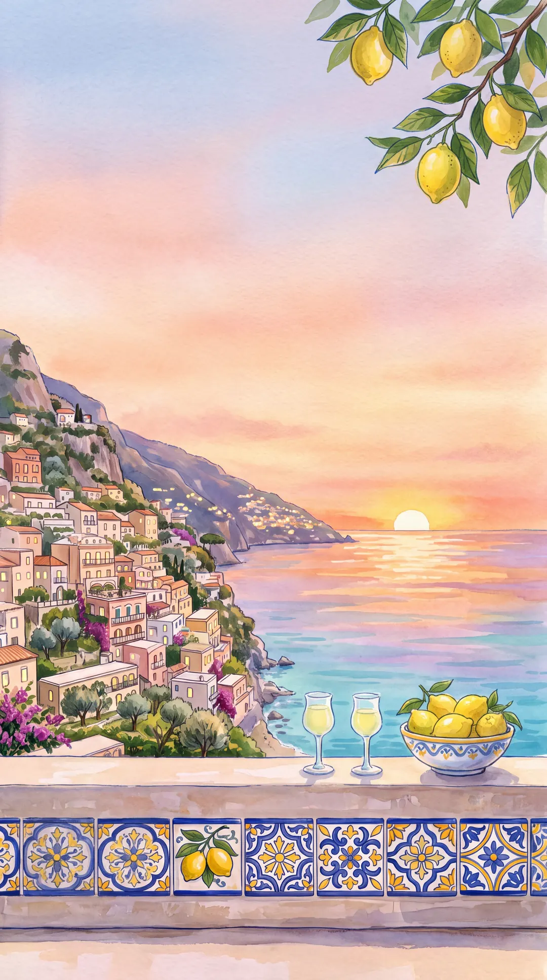A terrace at sunset with two glasses of limoncello