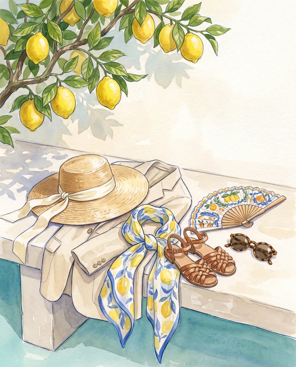 A straw hat, linen jacket, silk scarf and sandals on a stone bench