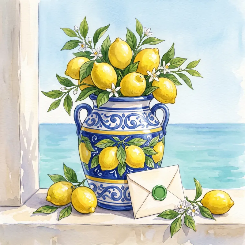 A majolica jar overflowing with lemons