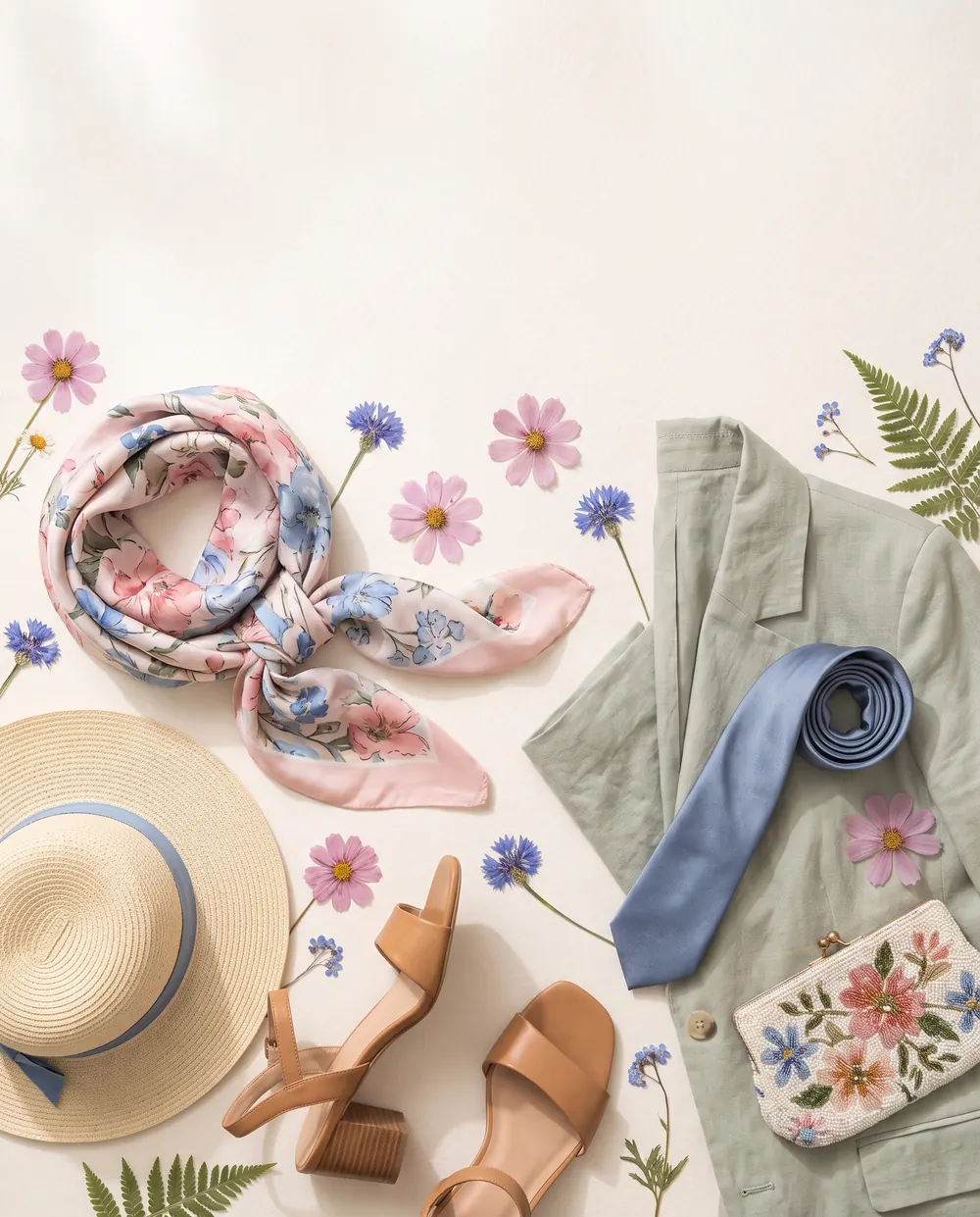 A straw hat, silk scarf, linen jacket, tie and block-heeled sandals laid out among pressed flowers