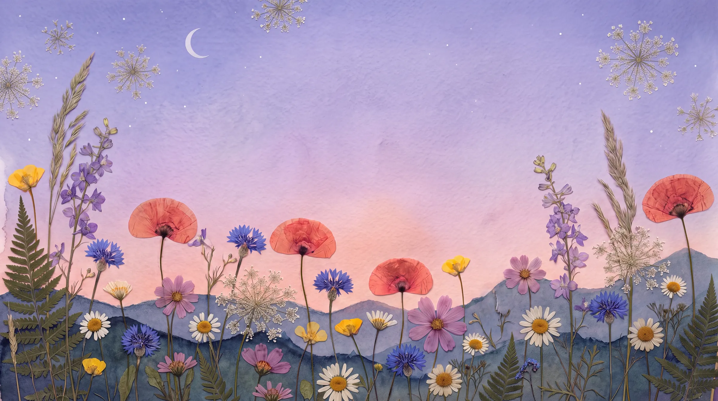 The pressed meadow at dusk under a crescent moon