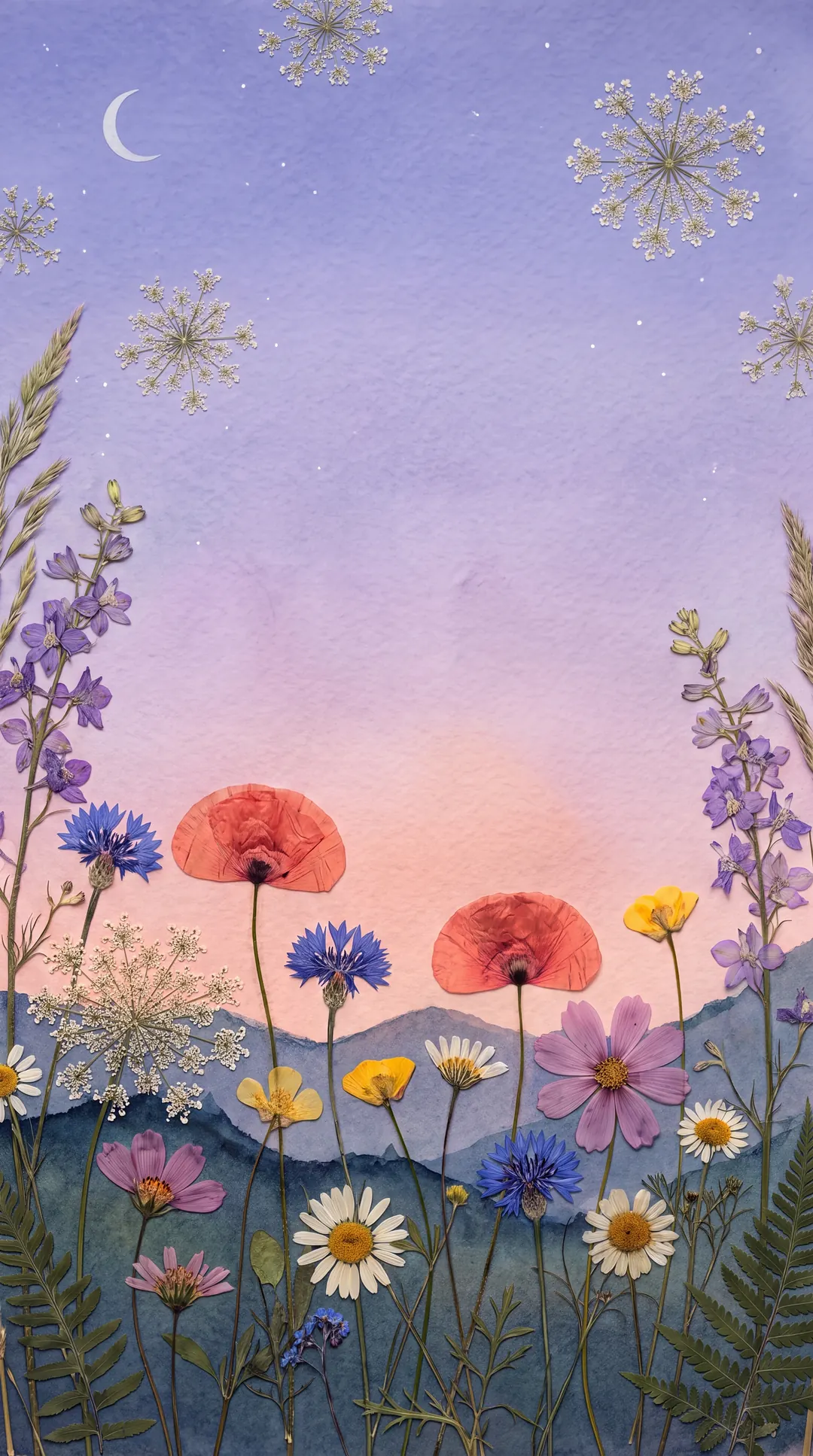 The pressed meadow at dusk under a crescent moon