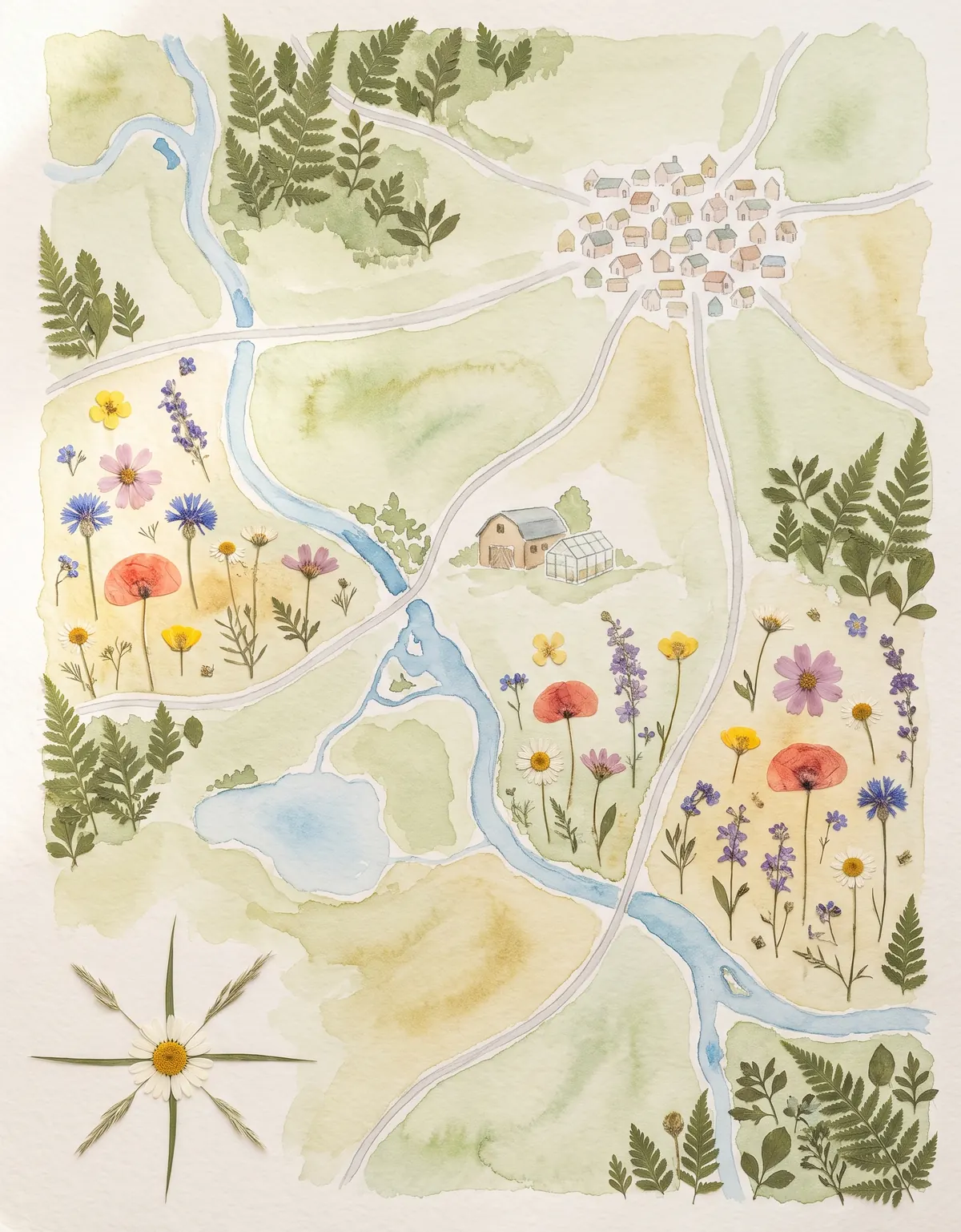 A painted map of the countryside around the farm