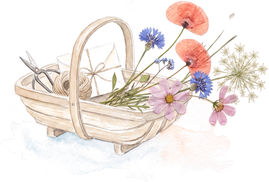 A garden trug spilling cut wildflowers