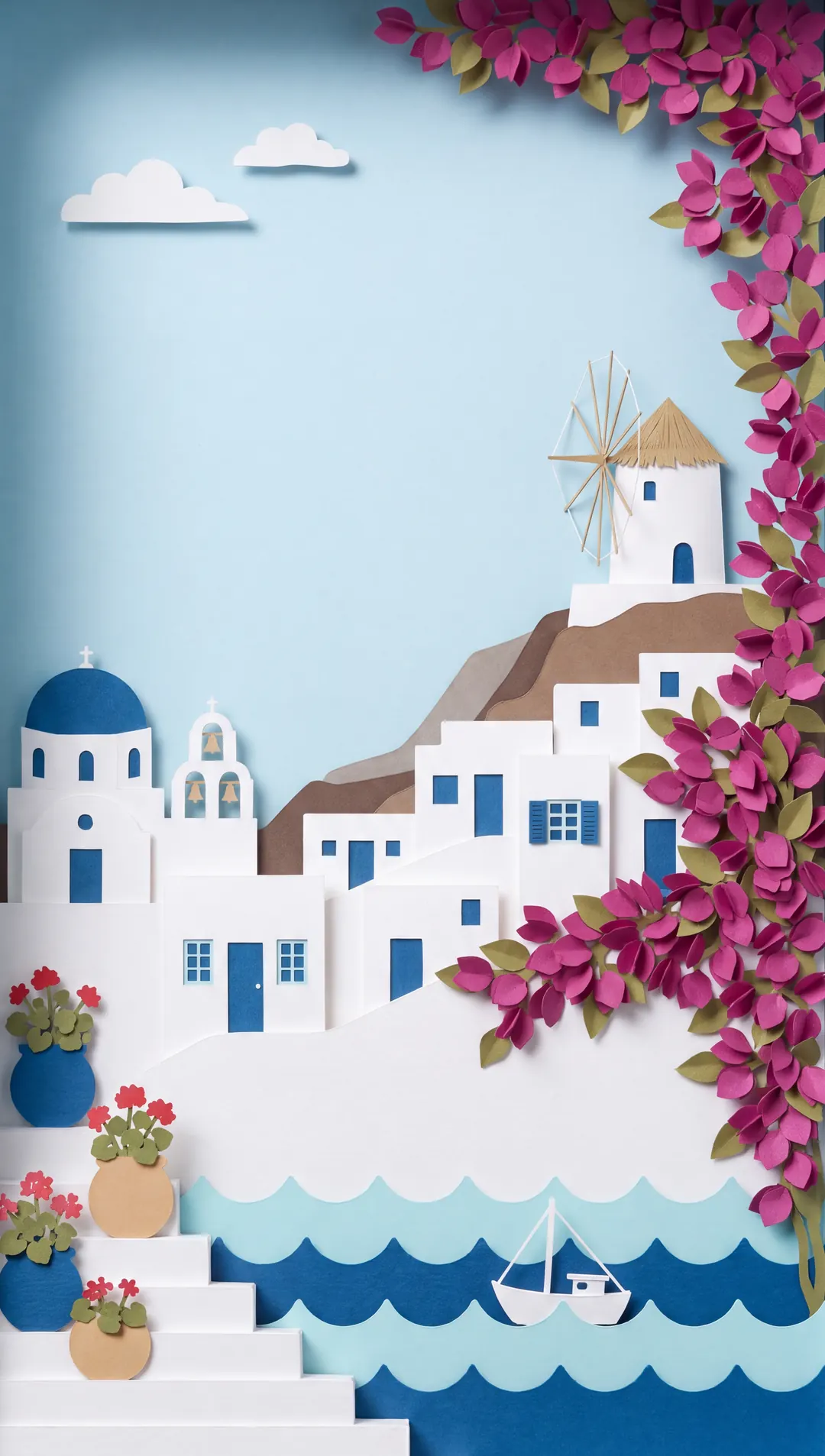 A paper-cut Greek island village above the sea