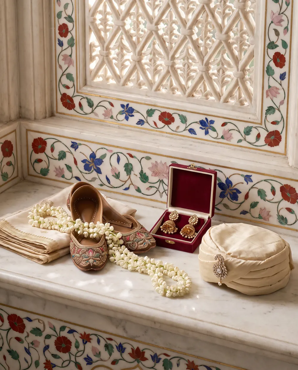 A silk dupatta, embroidered juttis, jasmine, jhumka earrings and a turban cloth on a marble ledge