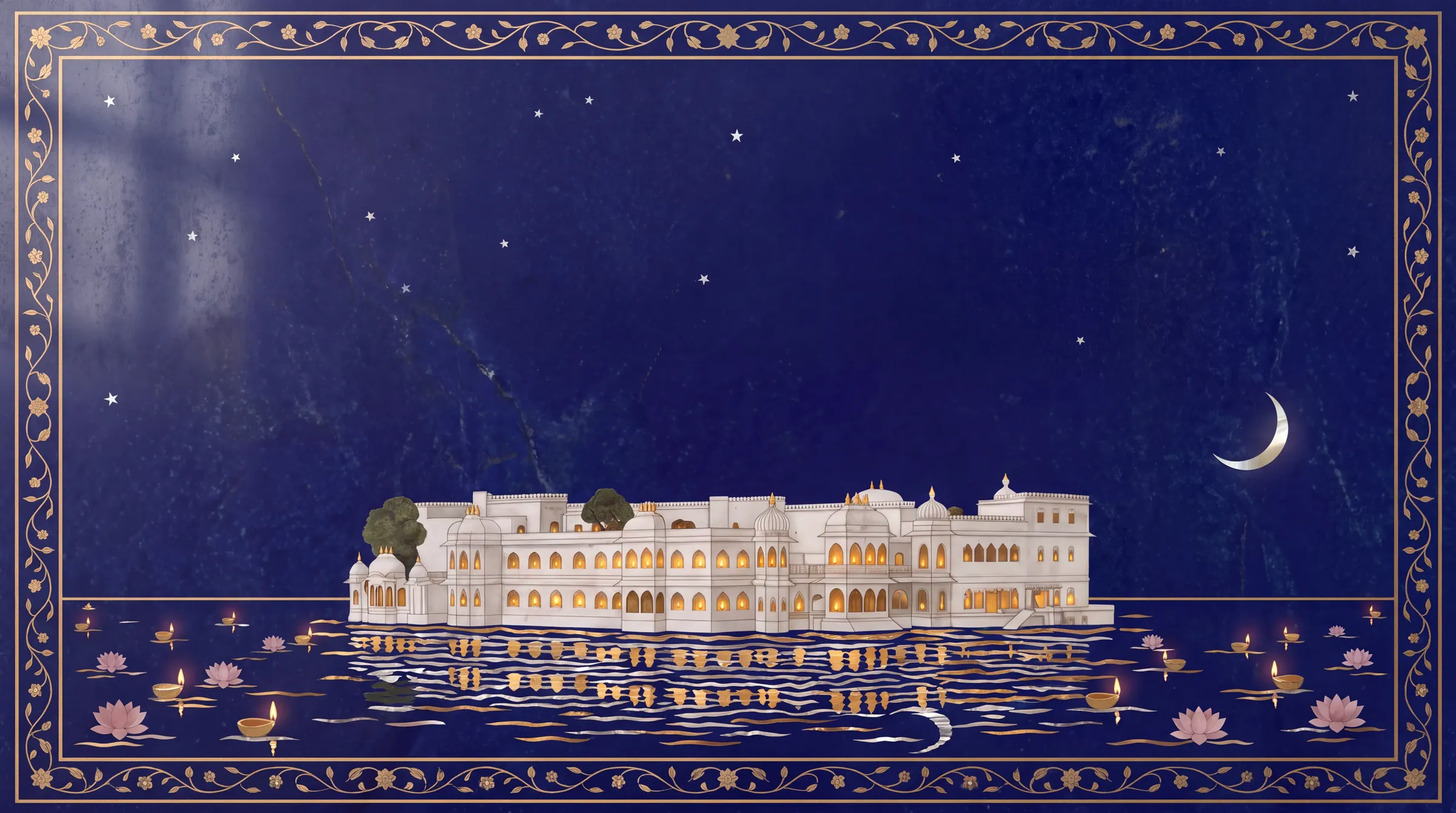 The lake palace at night, inlaid on lapis, lamps floating on the water