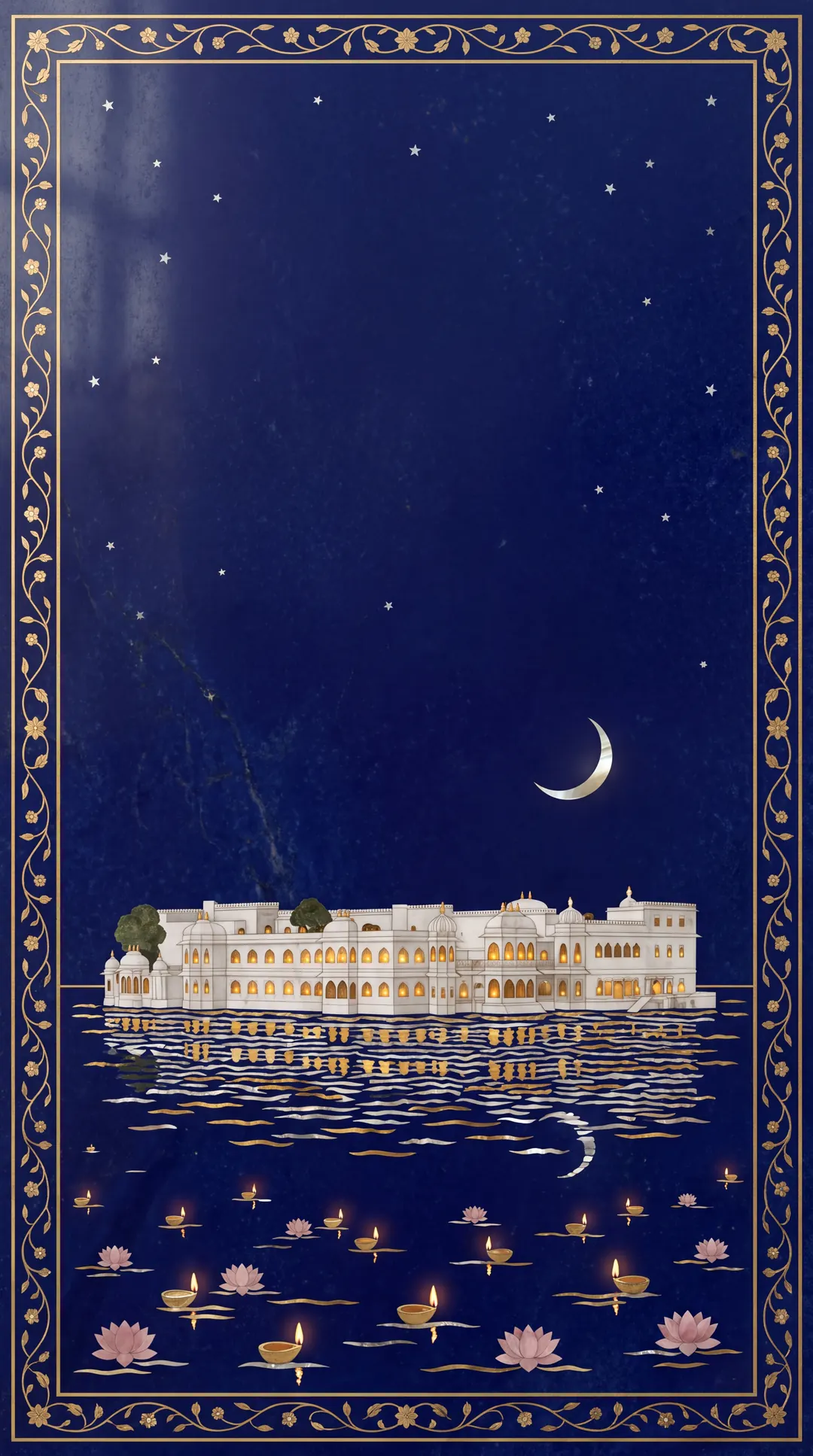 The lake palace at night, inlaid on lapis, lamps floating on the water