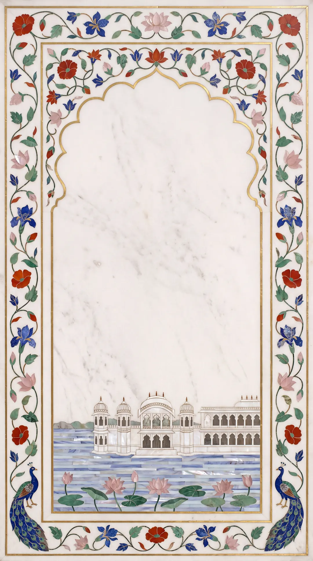 A marble panel inlaid with a cusped arch, flowering vines and a lake palace