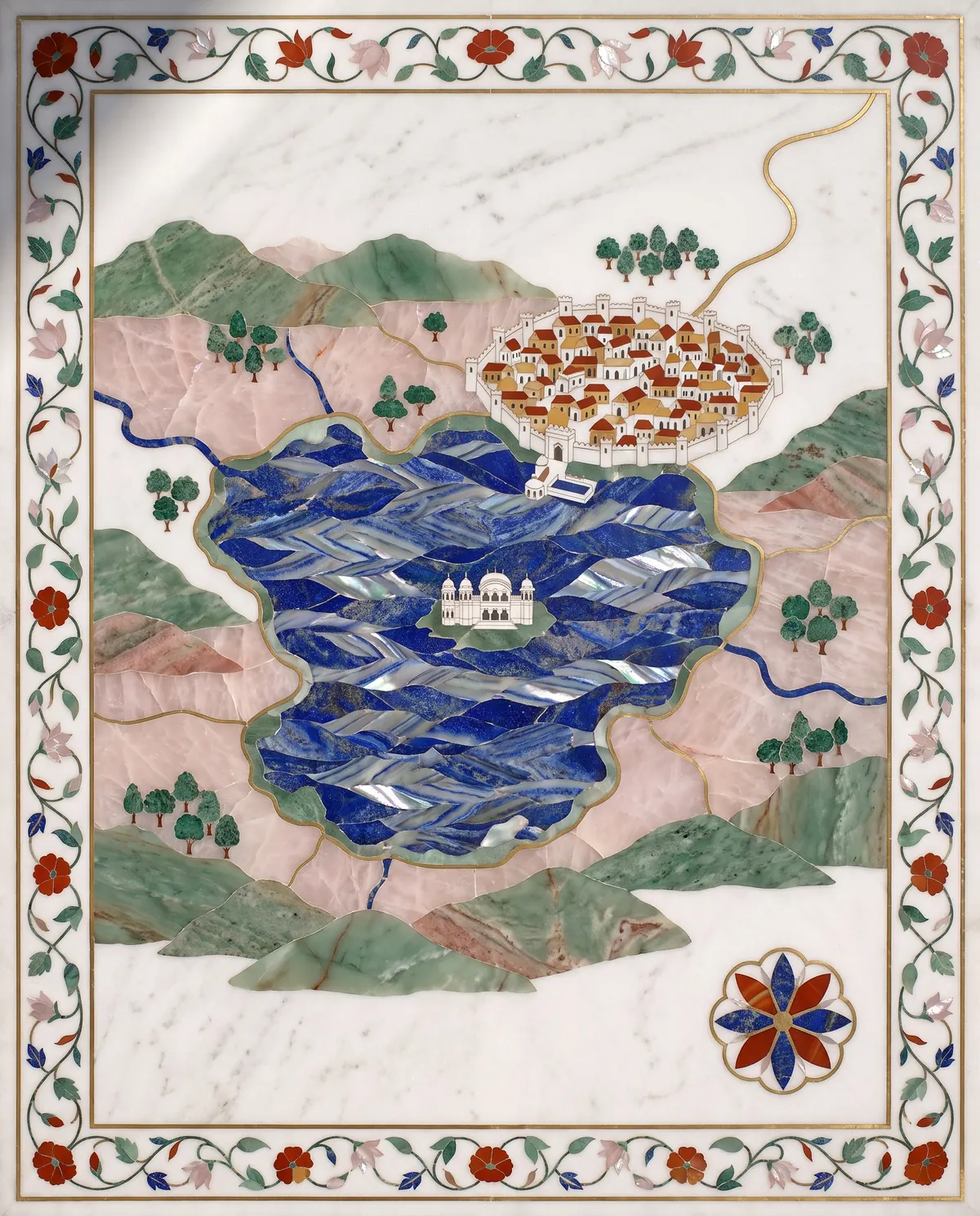 An inlaid marble map of the lake city