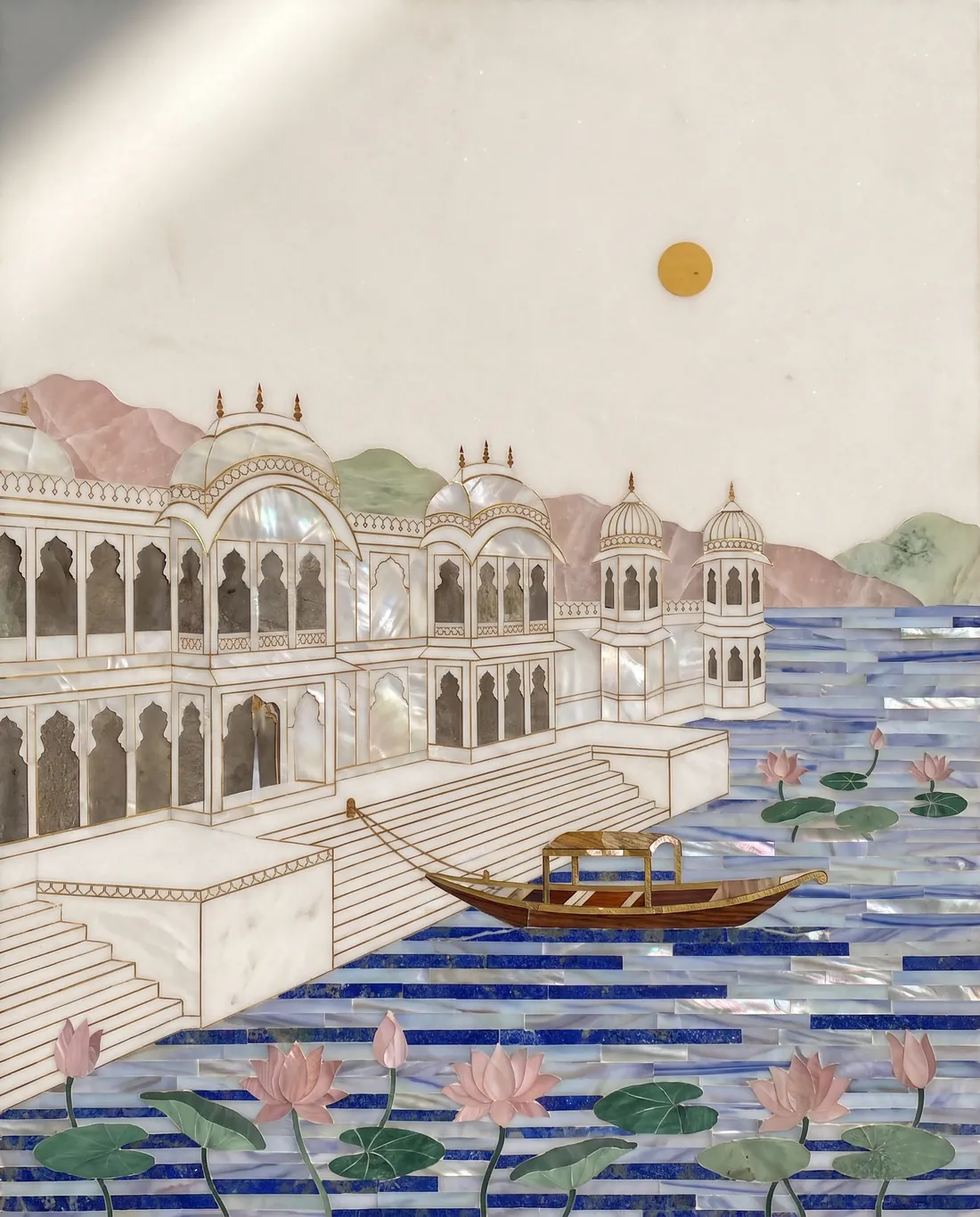 An inlaid marble view of a white lake palace at dawn