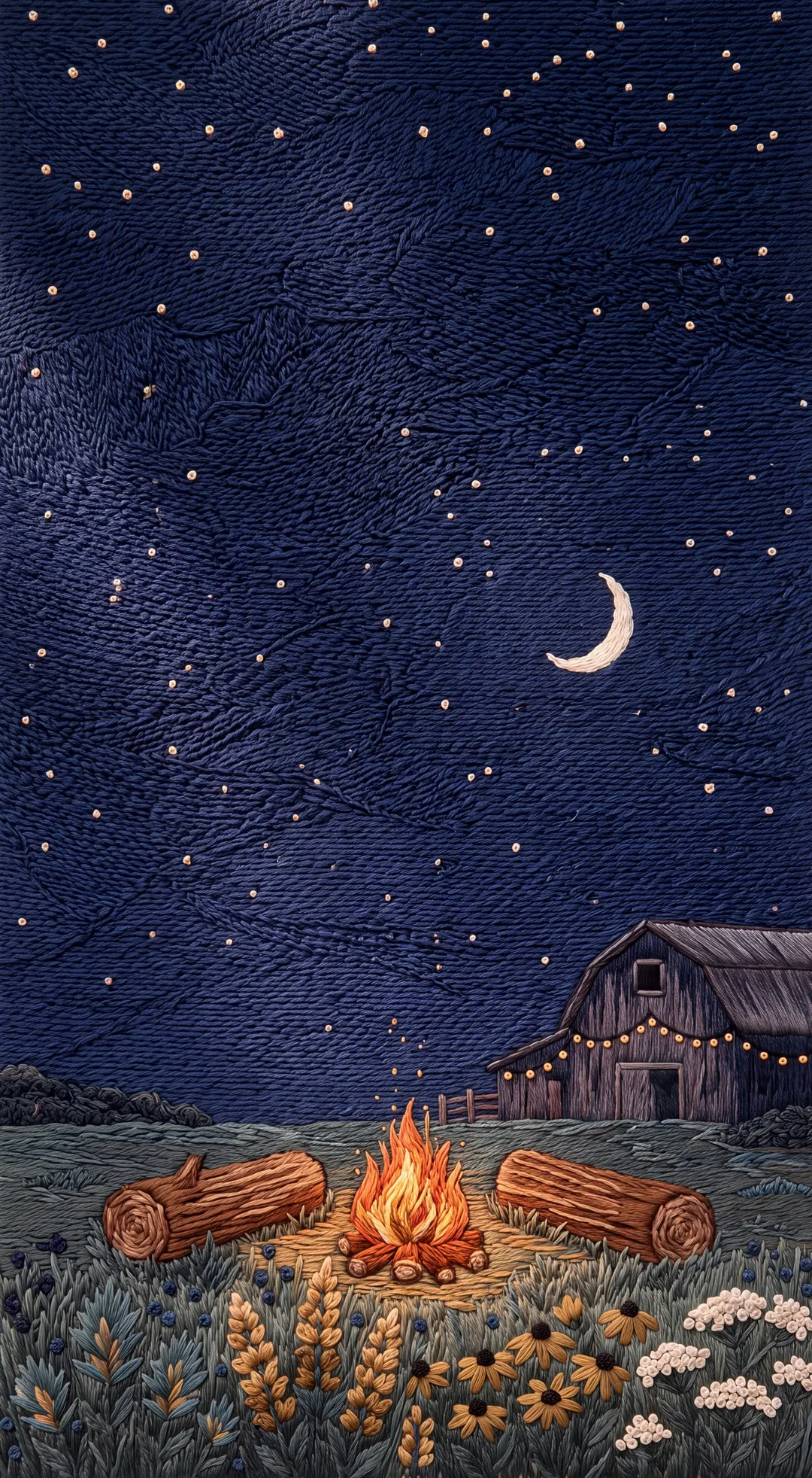 A campfire under a starry sky beside the barn