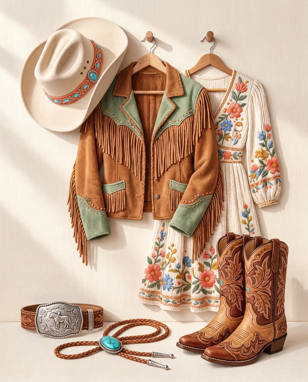 A cowboy hat, fringed jacket, prairie dress and tooled boots