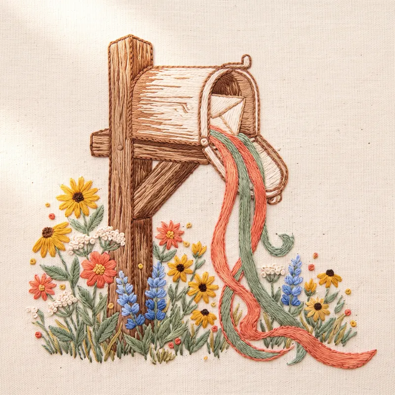 A ranch mailbox spilling coral and sage ribbons