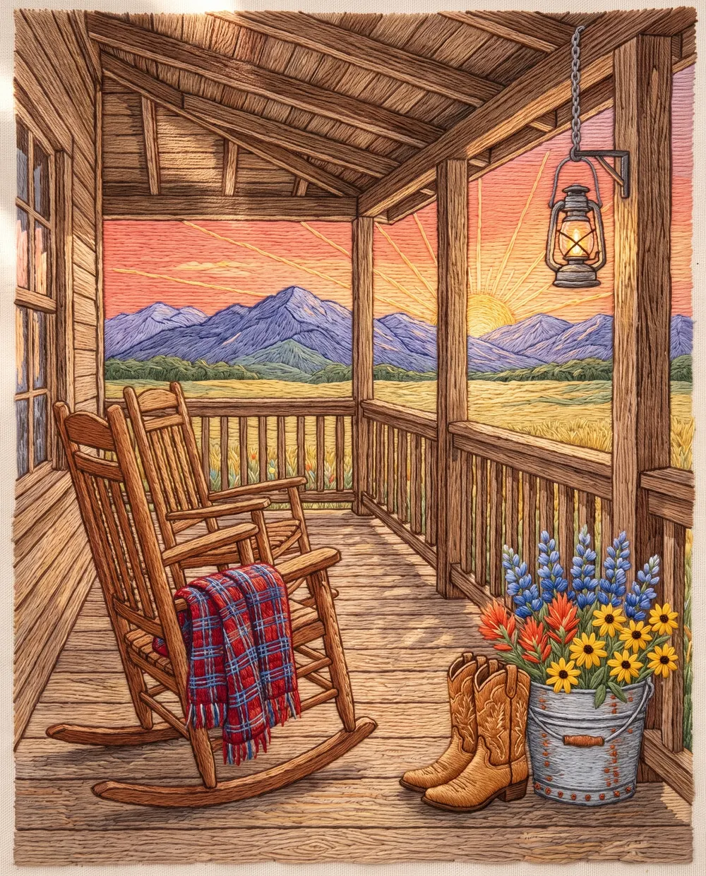 A ranch-house porch with rocking chairs at sunset