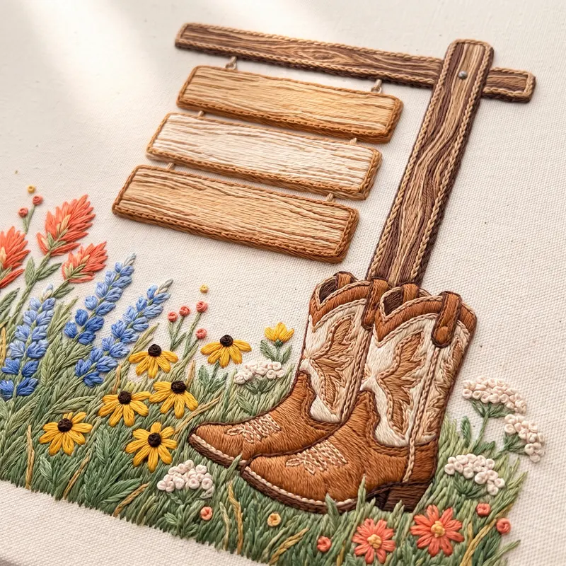 Cowboy boots in the grass beside a wooden signpost